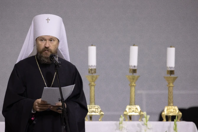 Russian Orthodox leader Metropolitan Hilarion speaks at the International Eucharistic Congress in Budapest, Hungary, Sept. 6, 2021.